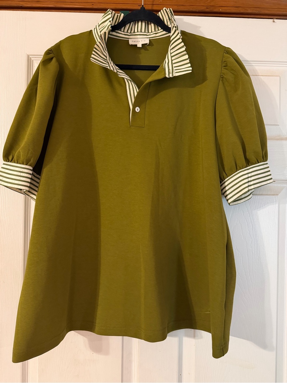 entro Olive Green Puff Sleeve Polo with Striped Trim